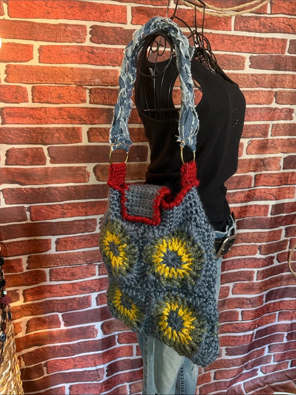 👜 Left Hook Artisan Handmade Crochet Tote Bag — Slate/Red — OS